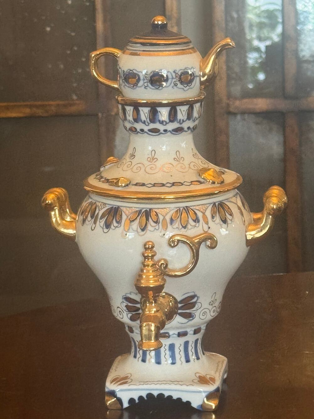 Vintage Soviet Gzhel Porcelain Samovar Set 11" 4-Piece Gold Gilded Teapot USSR